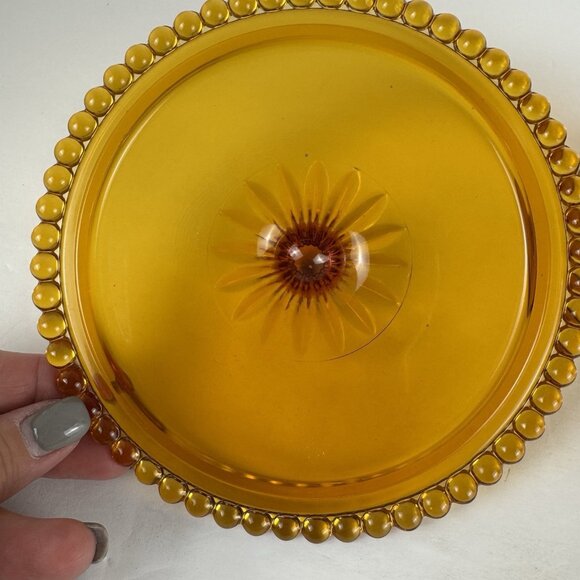 Indiana Glass Amber Vintage 60s Retro Beaded Edge Compote Lid Covered Candy Dish - Picture 9 of 11